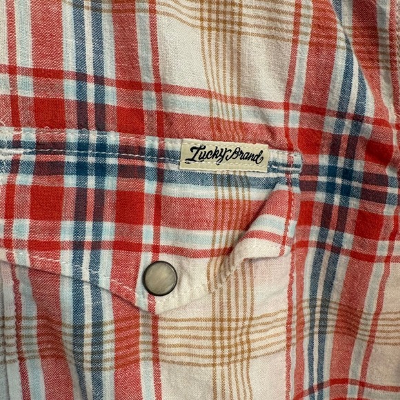 Lucky Brand Plaid Western Snap Shirt Men's XXL Short Sleeve Cotton Linen Blend - Picture 8 of 12
